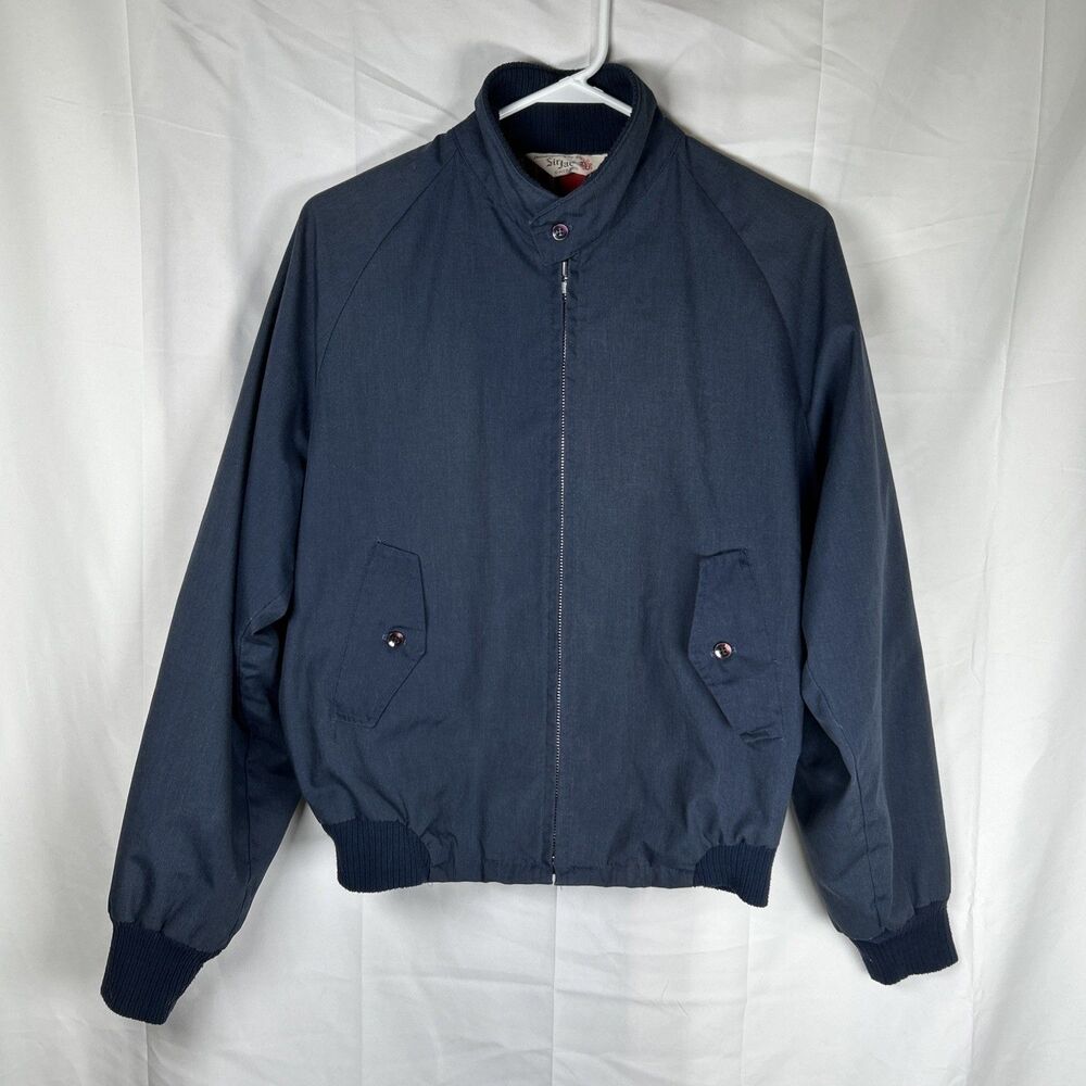 Vintage Dark Blue Sir Jac Bomber Jacket Full Zip Size 40 Plaid Lining Red Tartan